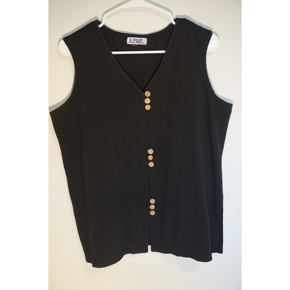 JL Plum Womens Vest Top Black vintage V-Neck Sleeveless Button Front  boho